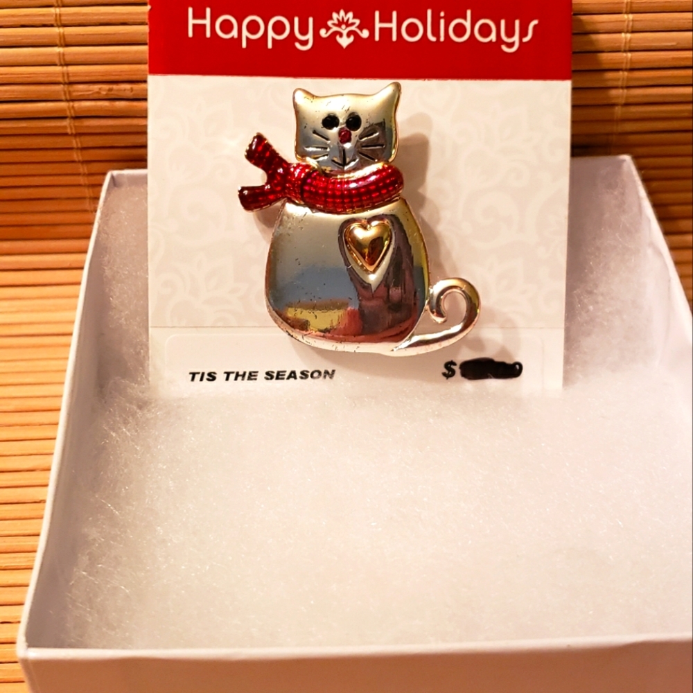 Silver,gold, and red Cat pin forChristmas